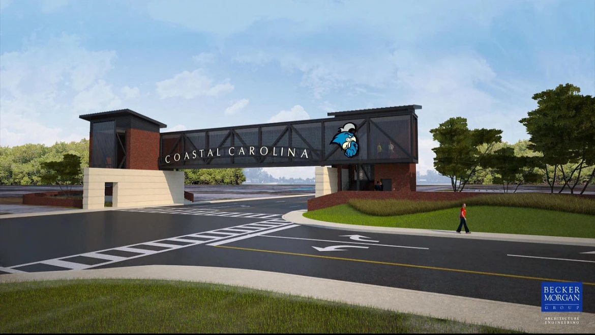 A rendering of Coastal Carolina's new pedestrian overpass across Highway 544