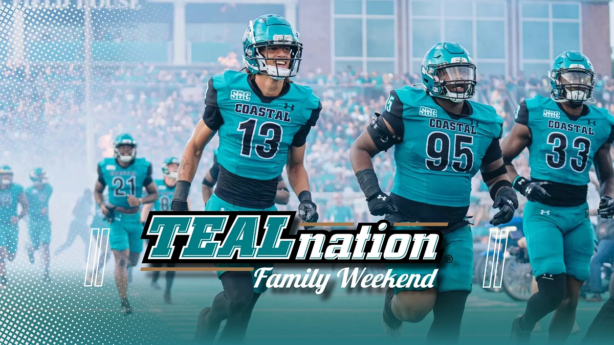 Football players in teal uniforms are running excitedly with "TEALnation Family Weekend" written across the bottom.